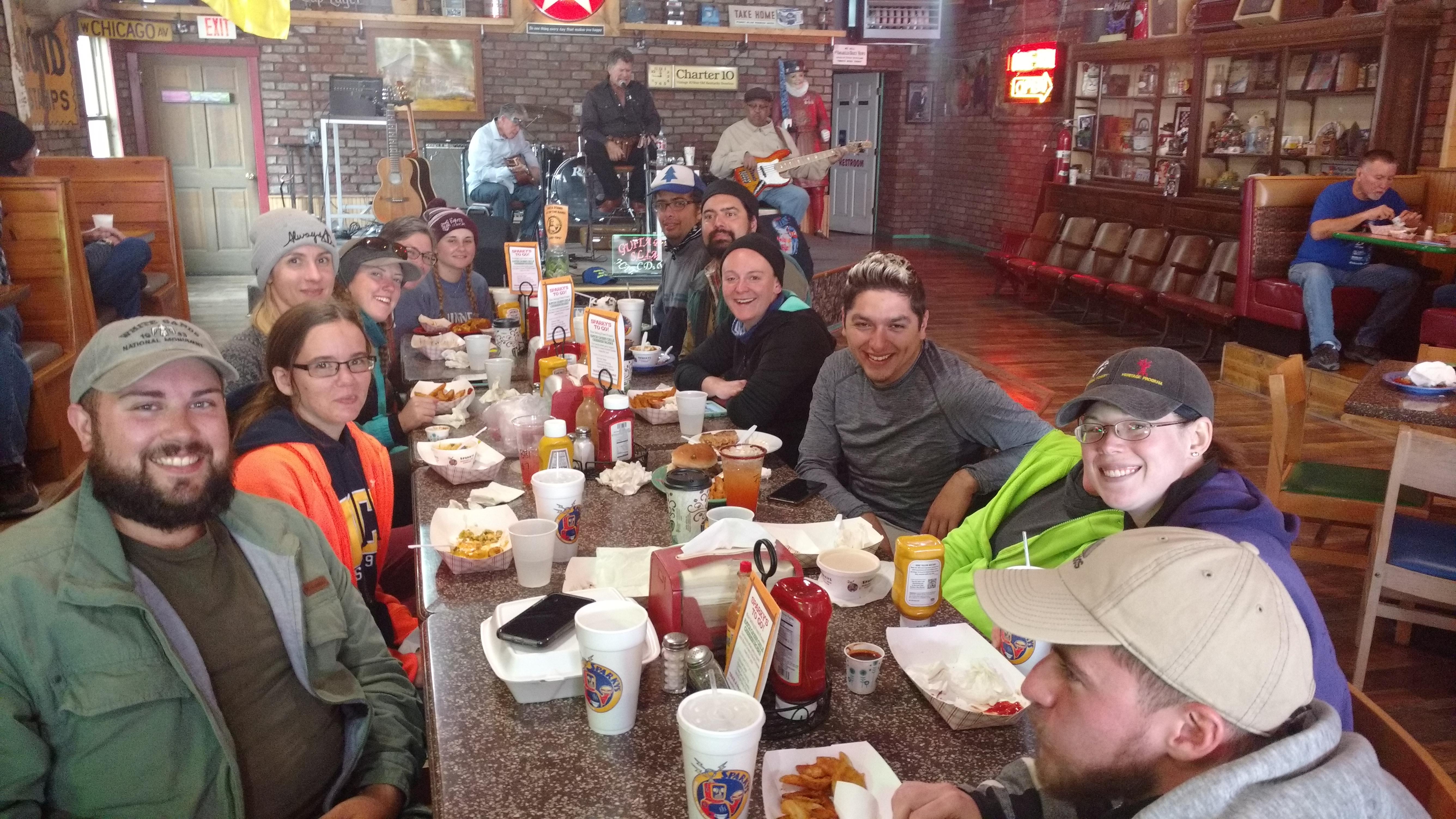field crew eating lunch at Sparky's